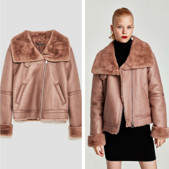 Zara Dusty Pink Faux Leather Fur Shearling Moto Jacket - Picture 2 of 5